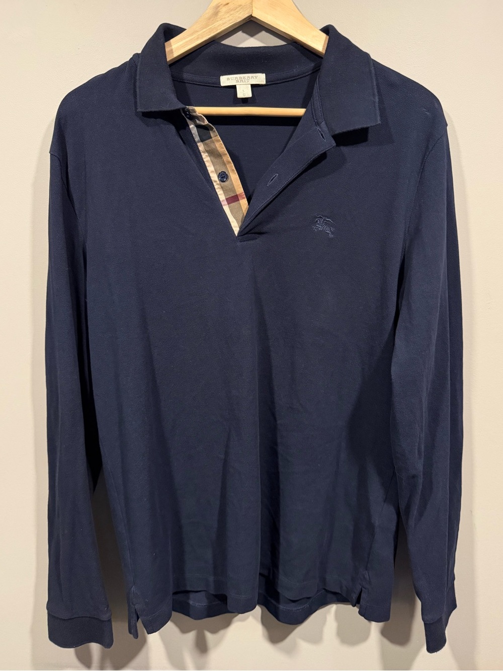 Burberry Navy Long-Sleeve Polo with Signature Check Placket